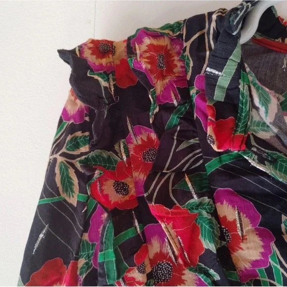Anthro Misa Los Angeles Hibiscus Floral Ruffle Blouse with Metallic Threading - Picture 6 of 16